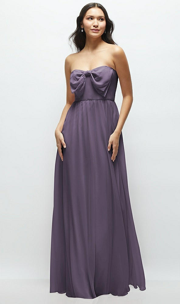 Front View - Lavender Strapless Chiffon Maxi Dress with Oversized Bow Bodice
