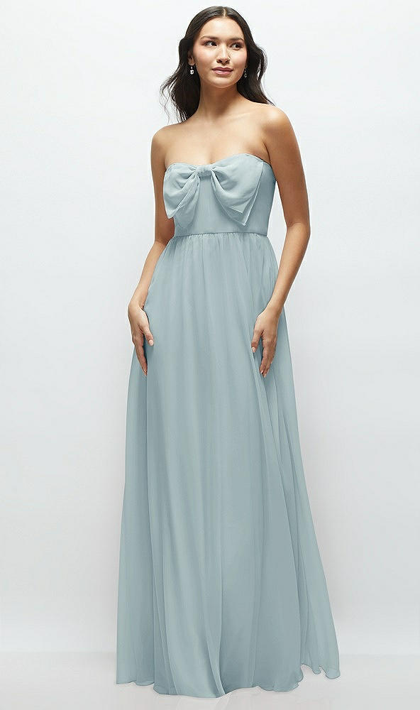 Front View - Morning Sky Strapless Chiffon Maxi Dress with Oversized Bow Bodice