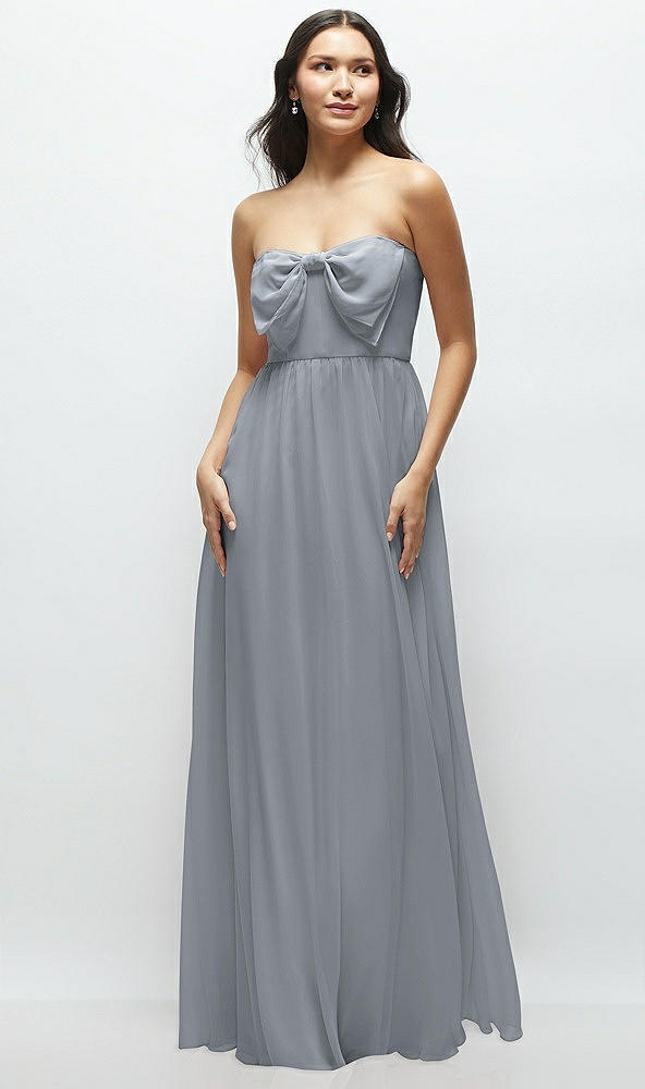 Front View - Platinum Strapless Chiffon Maxi Dress with Oversized Bow Bodice