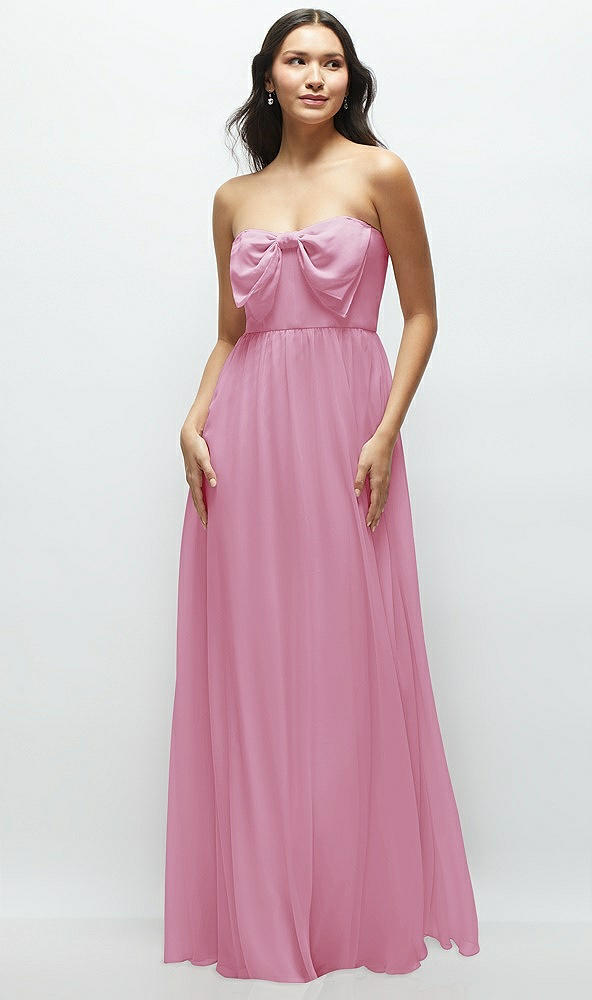 Front View - Powder Pink Strapless Chiffon Maxi Dress with Oversized Bow Bodice