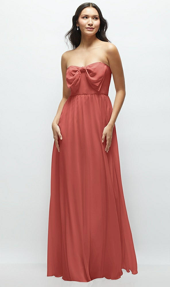 Front View - Coral Pink Strapless Chiffon Maxi Dress with Oversized Bow Bodice