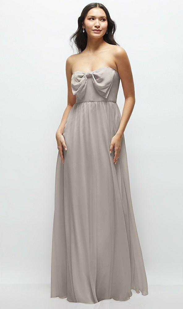 Front View - Taupe Strapless Chiffon Maxi Dress with Oversized Bow Bodice
