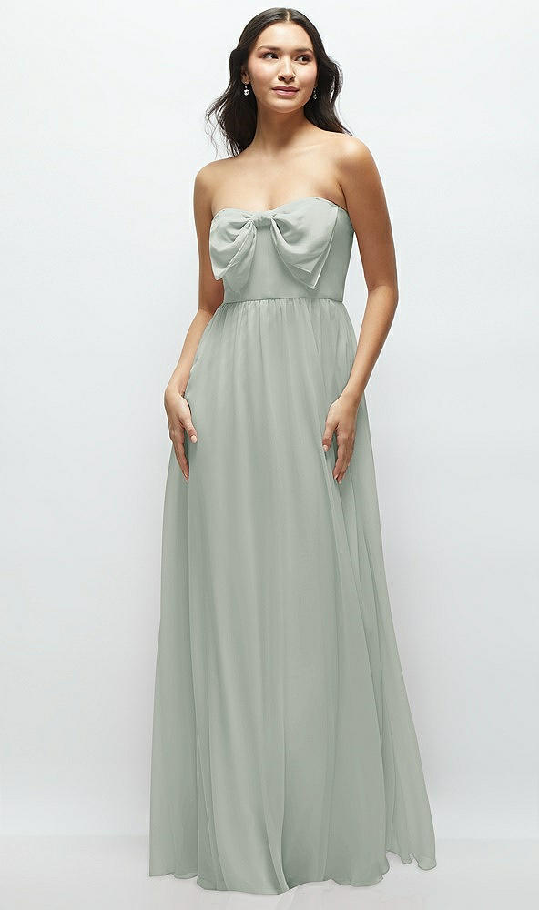 Front View - Willow Green Strapless Chiffon Maxi Dress with Oversized Bow Bodice