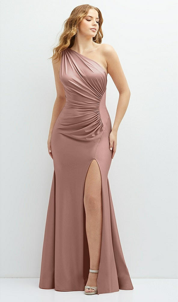 Front View - Neu Nude Asymmetrical Open-Back One-Shoulder Stretch Satin Mermaid Dress