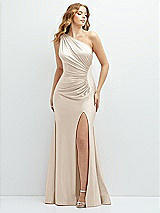 Front View Thumbnail - Oat Asymmetrical Open-Back One-Shoulder Stretch Satin Mermaid Dress