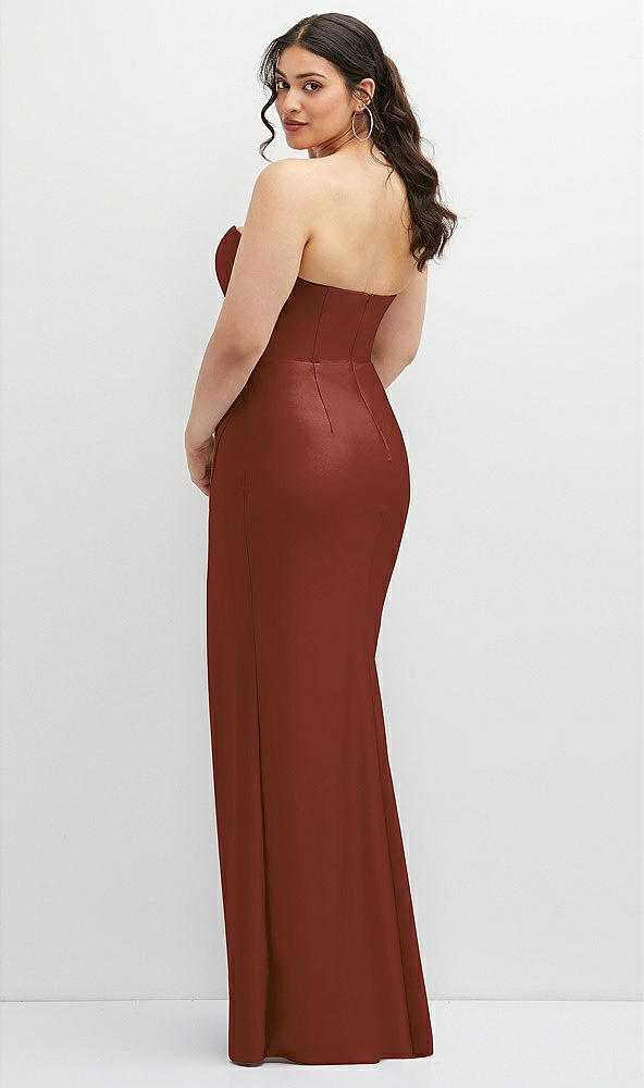 Back View - Auburn Moon Strapless Stretch Satin Corset Dress with Draped Column Skirt