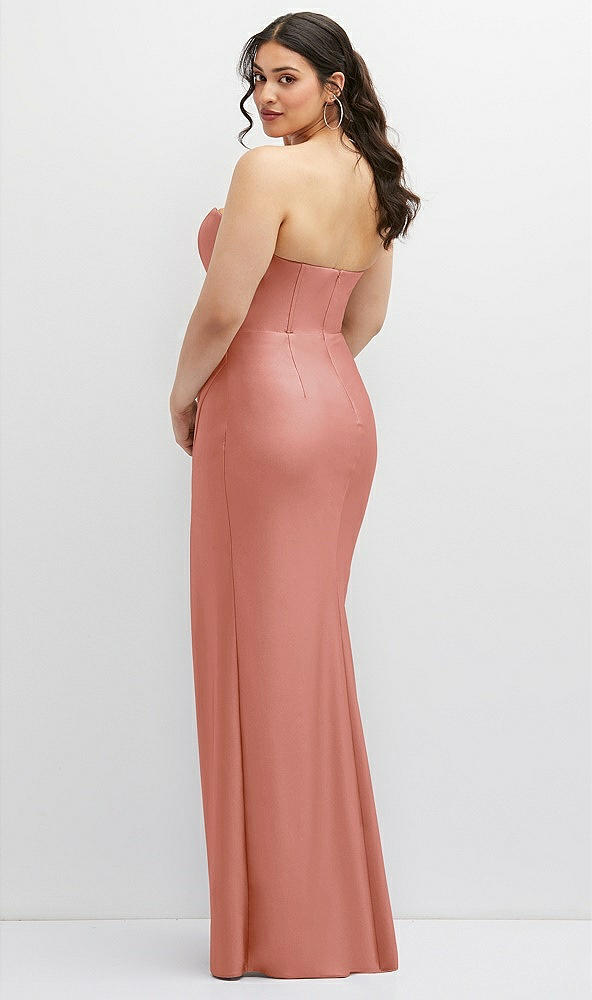 Back View - Desert Rose Strapless Stretch Satin Corset Dress with Draped Column Skirt