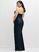 Rear View Thumbnail - Midnight Navy Strapless Stretch Satin Corset Dress with Draped Column Skirt