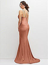 Rear View Thumbnail - Copper Penny Halter Asymmetrical Draped Stretch Satin Mermaid Dress with Rhinestone Straps