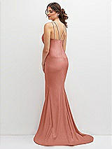 Rear View Thumbnail - Desert Rose Halter Asymmetrical Draped Stretch Satin Mermaid Dress with Rhinestone Straps