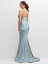 Rear View Thumbnail - Mist Halter Asymmetrical Draped Stretch Satin Mermaid Dress with Rhinestone Straps