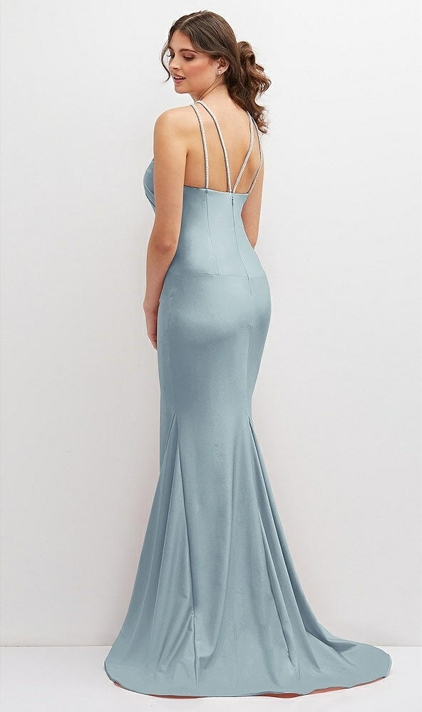 Back View - Mist Halter Asymmetrical Draped Stretch Satin Mermaid Dress with Rhinestone Straps