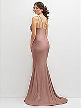 Rear View Thumbnail - Neu Nude Halter Asymmetrical Draped Stretch Satin Mermaid Dress with Rhinestone Straps