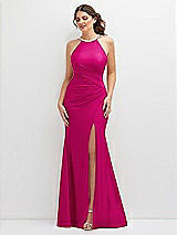 Front View Thumbnail - Think Pink Halter Asymmetrical Draped Stretch Satin Mermaid Dress with Rhinestone Straps