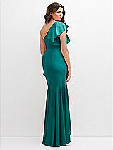 Rear View Thumbnail - Peacock Teal One-Shoulder Stretch Satin Mermaid Dress with Cascade Ruffle Flamenco Skirt