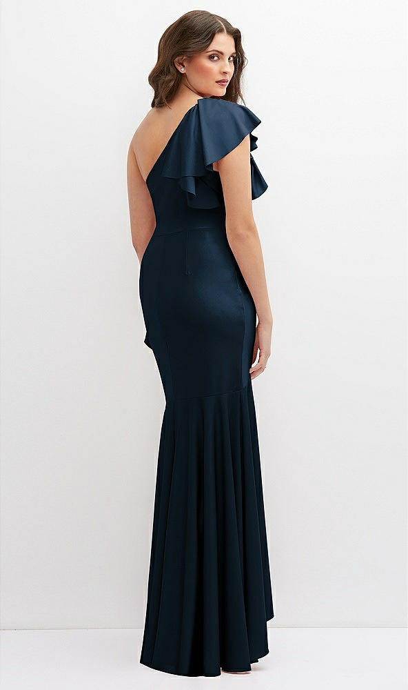 Back View - Midnight Navy One-Shoulder Stretch Satin Mermaid Dress with Cascade Ruffle Flamenco Skirt