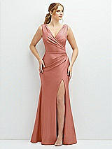 Front View Thumbnail - Desert Rose Draped Wrap Stretch Satin Mermaid Dress with Horsehair Hem