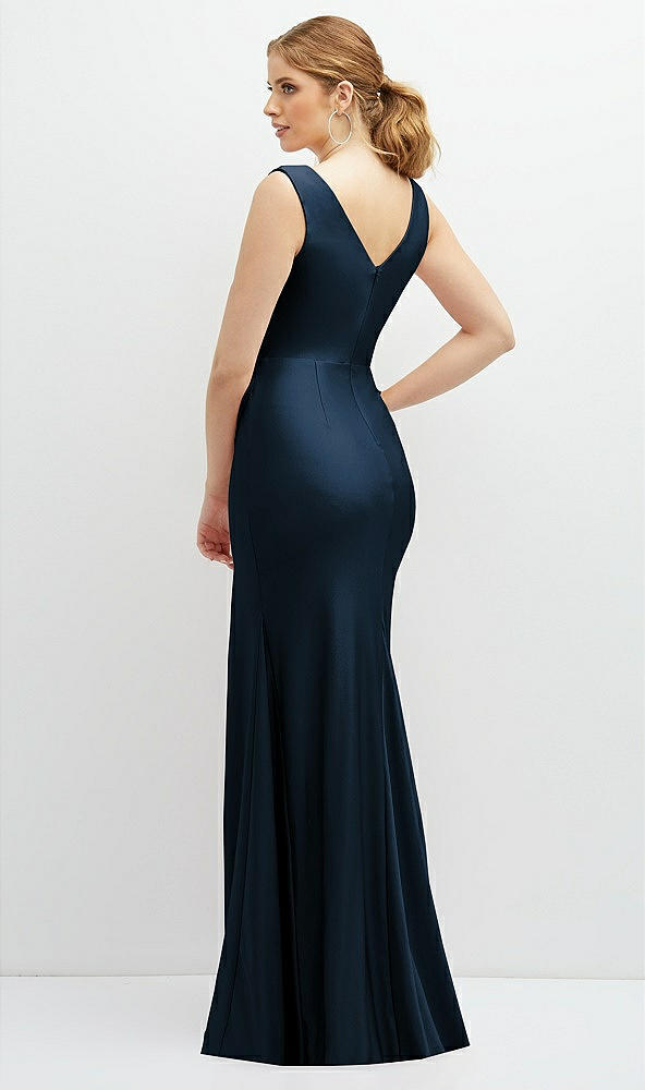 Back View - Midnight Navy Draped Wrap Stretch Satin Mermaid Dress with Horsehair Hem