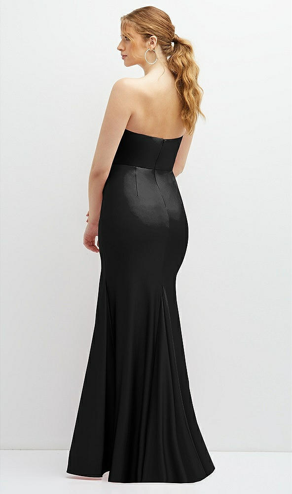 Back View - Black Strapless Basque-Neck Draped Stretch Satin Mermaid Dress with Horsehair Hem