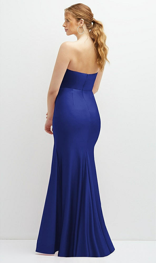 Back View - Cobalt Blue Strapless Basque-Neck Draped Stretch Satin Mermaid Dress with Horsehair Hem