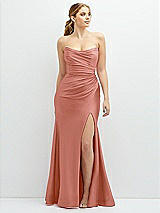 Front View Thumbnail - Desert Rose Strapless Basque-Neck Draped Stretch Satin Mermaid Dress with Horsehair Hem