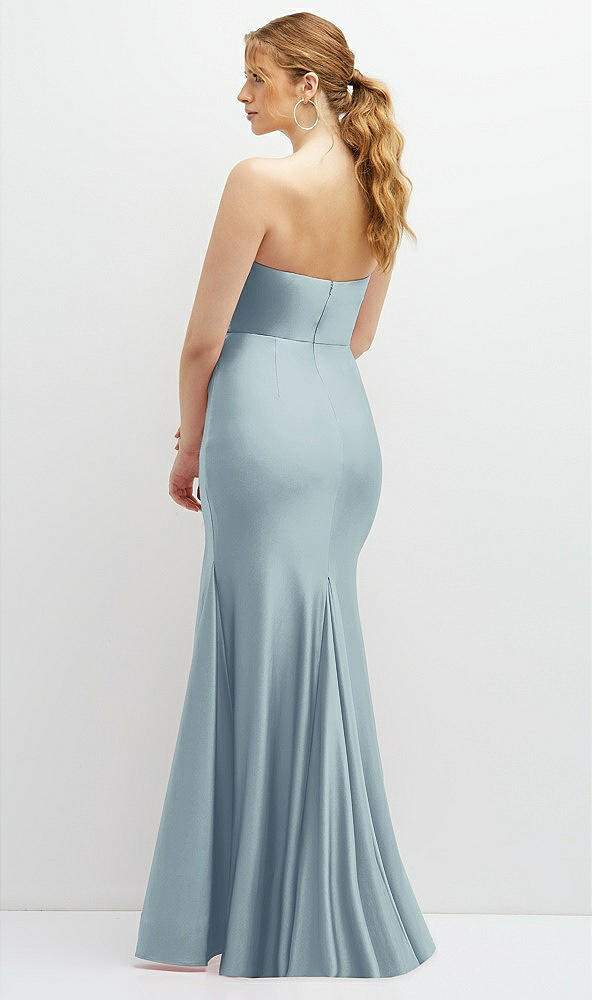 Back View - Mist Strapless Basque-Neck Draped Stretch Satin Mermaid Dress with Horsehair Hem