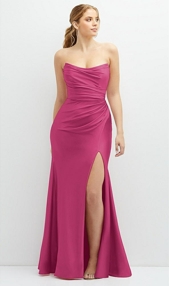 Front View - Tea Rose Strapless Basque-Neck Draped Stretch Satin Mermaid Dress with Horsehair Hem