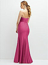 Rear View Thumbnail - Tea Rose Strapless Basque-Neck Draped Stretch Satin Mermaid Dress with Horsehair Hem