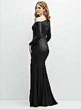 Rear View Thumbnail - Black Long Sleeve Cold-Shoulder Draped Stretch Satin Mermaid Dress with Horsehair Hem