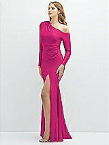 Side View Thumbnail - Think Pink Long Sleeve Cold-Shoulder Draped Stretch Satin Mermaid Dress with Horsehair Hem