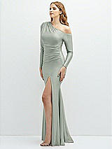 Side View Thumbnail - Willow Green Long Sleeve Cold-Shoulder Draped Stretch Satin Mermaid Dress with Horsehair Hem