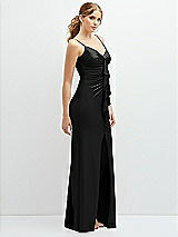 Side View Thumbnail - Black Rhinestone Strap Stretch Satin Maxi Dress with Vertical Cascade Ruffle