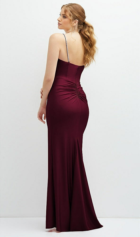 Back View - Cabernet Rhinestone Strap Stretch Satin Maxi Dress with Vertical Cascade Ruffle