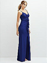 Side View Thumbnail - Cobalt Blue Rhinestone Strap Stretch Satin Maxi Dress with Vertical Cascade Ruffle