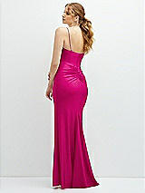 Rear View Thumbnail - Think Pink Rhinestone Strap Stretch Satin Maxi Dress with Vertical Cascade Ruffle