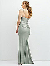 Rear View Thumbnail - Willow Green Rhinestone Strap Stretch Satin Maxi Dress with Vertical Cascade Ruffle