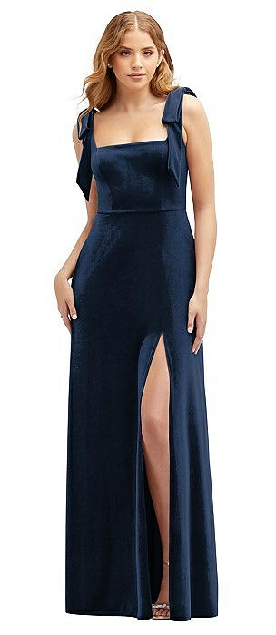 Square Neck Velvet Maxi Dress with Bow Shoulders