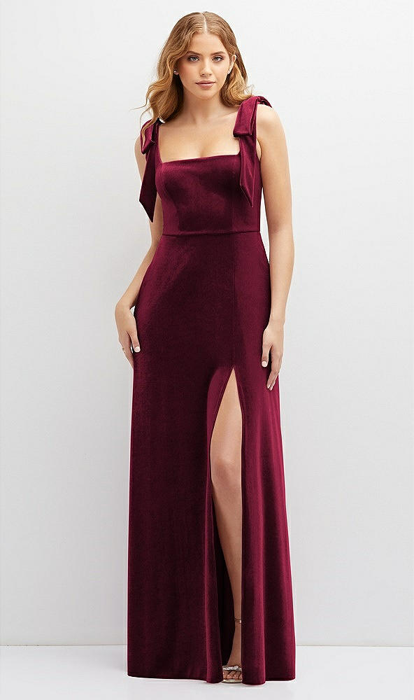 Front View - Cabernet Square Neck Velvet Maxi Dress with Bow Shoulders