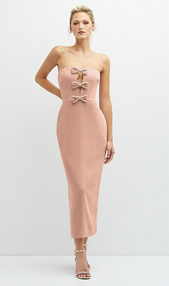 Front View - Pale Peach Rhinestone Bow Trimmed Peek-a-Boo Deep-V Midi Dress with Pencil Skirt