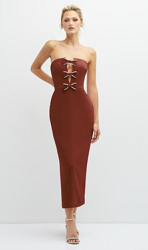 Front View - Auburn Moon Rhinestone Bow Trimmed Peek-a-Boo Deep-V Midi Dress with Pencil Skirt