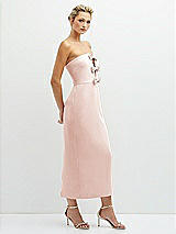 Side View Thumbnail - Blush Rhinestone Bow Trimmed Peek-a-Boo Deep-V Midi Dress with Pencil Skirt