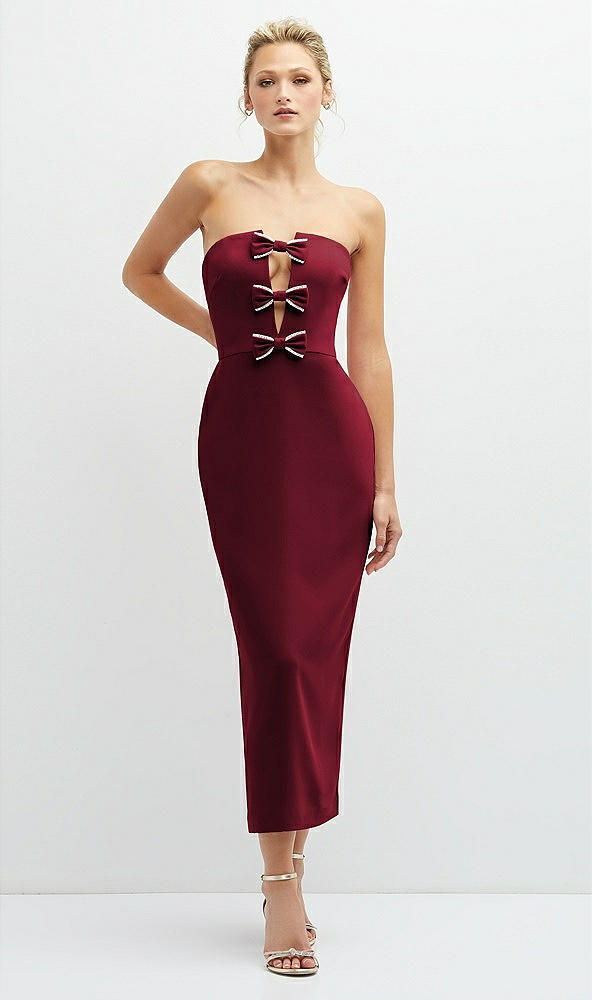 Front View - Burgundy Rhinestone Bow Trimmed Peek-a-Boo Deep-V Midi Dress with Pencil Skirt