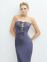 Alt View 1 Thumbnail - French Blue Rhinestone Bow Trimmed Peek-a-Boo Deep-V Midi Dress with Pencil Skirt