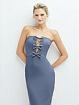 Alt View 1 Thumbnail - Larkspur Blue Rhinestone Bow Trimmed Peek-a-Boo Deep-V Midi Dress with Pencil Skirt