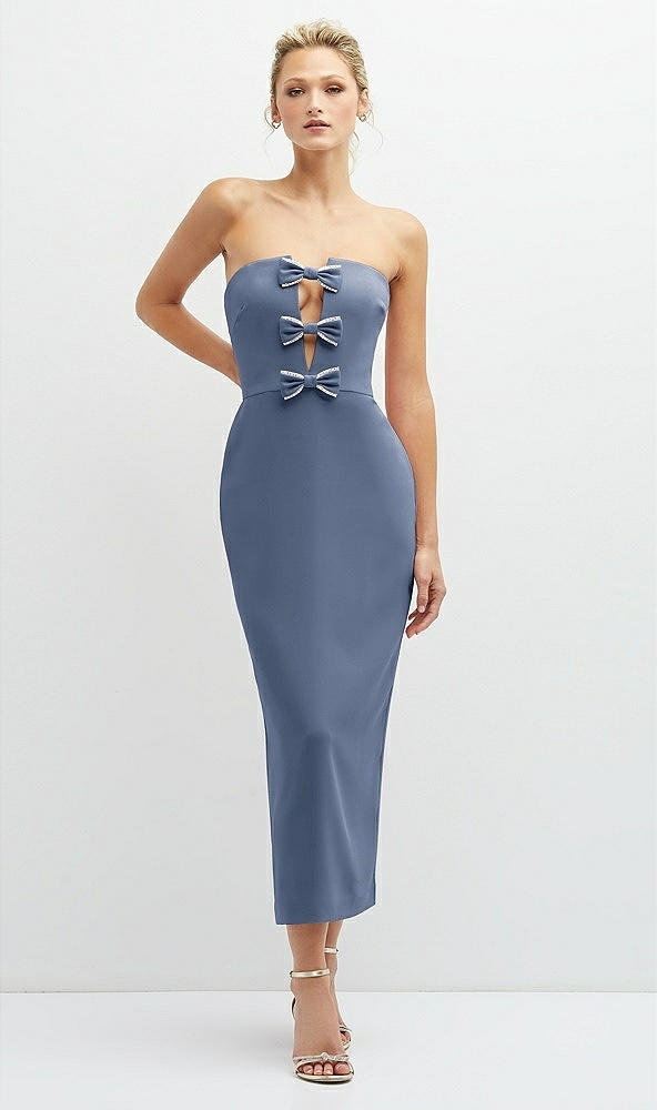 Front View - Larkspur Blue Rhinestone Bow Trimmed Peek-a-Boo Deep-V Midi Dress with Pencil Skirt