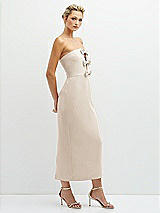 Side View Thumbnail - Oat Rhinestone Bow Trimmed Peek-a-Boo Deep-V Midi Dress with Pencil Skirt