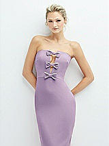 Alt View 1 Thumbnail - Pale Purple Rhinestone Bow Trimmed Peek-a-Boo Deep-V Midi Dress with Pencil Skirt