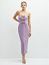 Front View Thumbnail - Pale Purple Rhinestone Bow Trimmed Peek-a-Boo Deep-V Midi Dress with Pencil Skirt