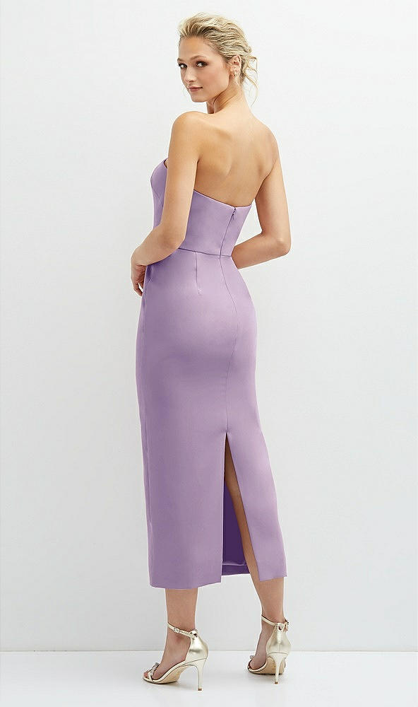 Back View - Pale Purple Rhinestone Bow Trimmed Peek-a-Boo Deep-V Midi Dress with Pencil Skirt