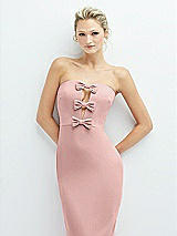 Alt View 1 Thumbnail - Rose - PANTONE Rose Quartz Rhinestone Bow Trimmed Peek-a-Boo Deep-V Midi Dress with Pencil Skirt